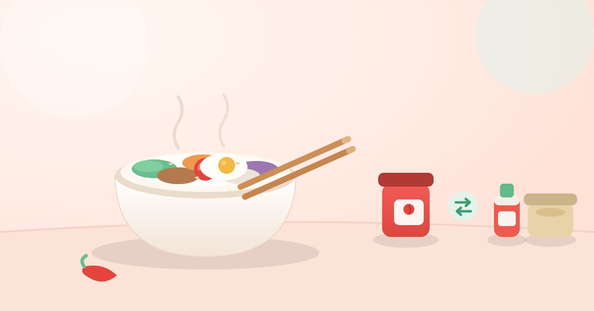 A home kitchen counter with everyday supermarket jars standing in for Korean pantry staples