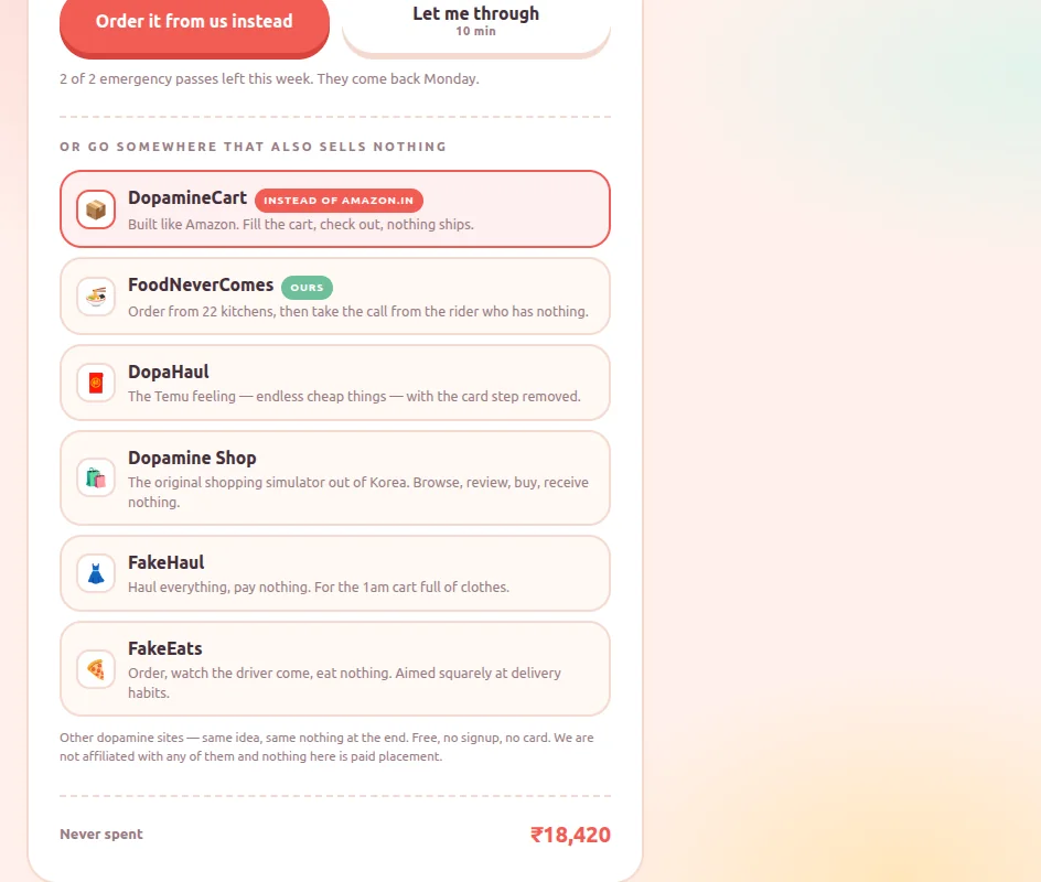 The detour page's 'or go somewhere that also sells nothing' row, listing the other dopamine sites as plain links.