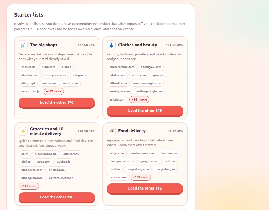 The starter lists settings screen, showing the six packs with their shop counts and a 'load the other N' button on each.