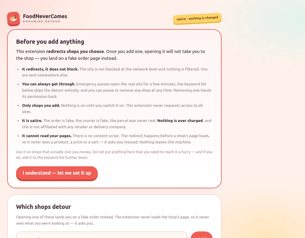 The first-run disclosure screen, shown before any shop can be armed, explaining exactly what the extension will do to your browsing.